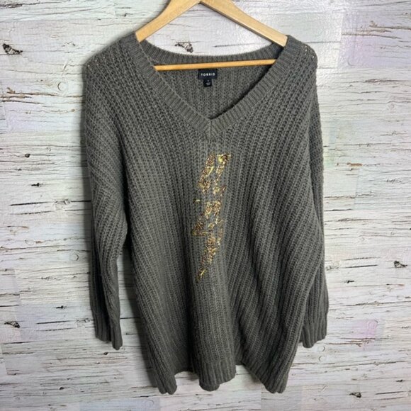Torrid Light Gray Knit Lightning Bolt V Neck Sweater Size Torrid 1/ 1X - Picture 1 of 8